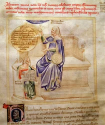 Alegorie astrologii lub astronomii w „Pieśni Siedmiu Vertusów i Siedmiu Sztuk Liberałów przeznaczonych dla Bruzio Viscontiego” (Pieśń o cnotach i naukach) Bartolomeo di Bartoli. Akwarela autorstwa Andrei di Bartoli (aktywna między 1358 a