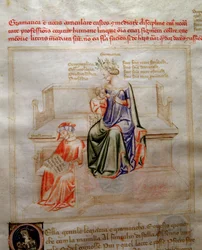 Alegorie Gramatyki w „Pieśni o cnotach i naukach” Bartolomeo di Bartoli. Akwarela autorstwa Andrei di Bartoli (aktywna w latach 1358-1368) (ms. 599, fo