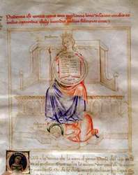 Alegorie roztropności w „Pieśni o cnotach i naukach” Bartolomeo di Bartoli. Akwarela autorstwa Andrei di Bartoli (aktywna w latach 1358-1368) (ms. 599, fol