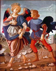 Tobiasz i anioł: Tobiasz, któremu niewidomy ojciec polecił odnaleźć rybę, jest prowadzony przez archanioła Rafała. Obraz ze szkoły Andrei del Verrocchia (1435-1488), 1470-1480. National Gallery, Londyn