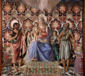 Dziewica z Dzieciątkiem ze świętym Janem Chrzcicielem i innym świętym, dwoma aniołami i dwojgiem dzieci rodziny Pazzi Fresco Andrei del Castagno (1421-1457) Florencja, Palazzo Pitti