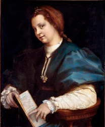 Portret nieznanego (Pani w Petrarchino, kobieta trzyma w dłoniach kopię „Canzoniere”” Petrarki (Petrarca) Obraz na drewnie Andrei del Sarto (1486-1530) 1528 około niedzieli 84x69 cm Florencja, Galleria degli Uffizi (Biura)
