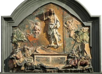 Zmartwychwstanie Chrystusa (śpiący żołnierz został przedstawiony jako Wawrzyniec Medyceusz, Wawrzyniec Wspaniały). Polichromowana płaskorzeźba z terakoty autorstwa Andrei del Verrocchia (1437-1488). XV wiek. Museo Nazionale del Bargello, Florencja