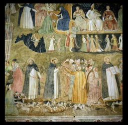 Św. Dominik wysyła ogary Pana, ze św. Piotrem Męczennikiem i św. Tomaszem z Akwinu, c.1369
