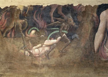 Triumf śmierci, detal z diabłem unoszącym grzesznika do piekła, 1348
