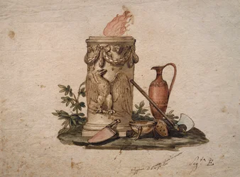 Kociołek w kształcie kolumny, ozdobiony girlandami i orłem, z bronią tnącą, kielichem i amforą, obraz Andrea Appiani (1754-1817), Włochy