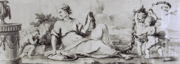 Figura kobieca z puttami, kompozycja alegoryczna, ok. 1754, proj. Andrea Appiani (1754-1817) do komody-biura Giuseppe Maggiolini, Włochy