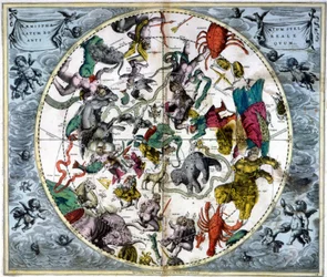 Mapa nieba i znaków zodiaku - faksymile starożytnej kompozycji przedstawiającej konstelacje nieba północnego, na podstawie „Harmonia Macrocosmica” André Cellariusa