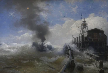 Holownik opuszcza port w Ostendzie podczas przypływu. 1878
