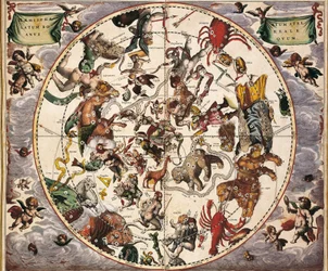 Cellarius, Andreas (1596-1665). Niebiański Atlas lub Makrokosmiczna Harmonia. 1661. Fol 24. Starożytna gwiaździsta półkula borealna. Reprezentacja półkuli północnej. Wydrukowany w Amsterdamie przez Johannesa Janssoniusa. Wczesna epoka nowożytna Rytownictwo