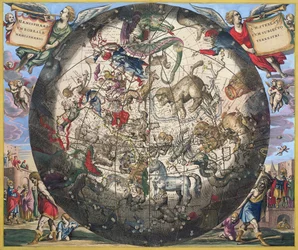 Półkula północna (borealna), z „Atlasu niebieskiego, czyli harmonia wszechświata”, rytowana przez Pietera Schenka (1660-1719) i Gerarda Valka (1651-1726) (rycina ręcznie kolorowana)