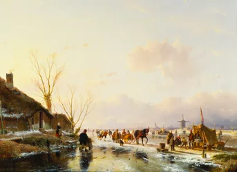 Łyżwiarze przy budce na zamarzniętej rzece, 1850