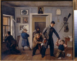 W szkole. Nauczyciel ze szkoły wiejskiej chwyta chłopca za ucho w klasie, gdzie inni chłopcy robią śmieszne miny i grymasy. Obraz Andrieja Andrejewicza Popowa (1832-1896), olej na płótnie