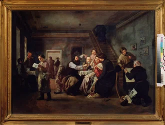 Tawerna. (Scena wokół zastawionych stołów, ludzie piją herbatę, młody urzędnik czyta drukowaną kartkę, staruszek pokazuje amatorowi ryciny, pali fajkę). Obraz Andrieja Andrejewicza Popowa (1832-1896), olej na płótnie