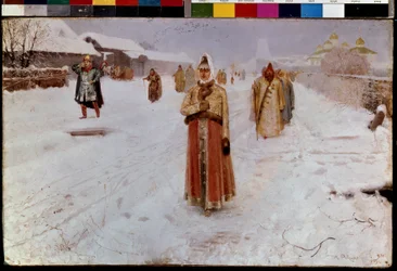 Niedziela (niedziela). Zimą, na zaśnieżonej drodze w Wielkim Księstwie Moskiewskim, w niespokojnych czasach (XVI-XVII w.) starej Rosji, z kościoła wracają bojarzy (dziki, bojarów), mężczyźni i kobiety w tradycyjnych strojach. Obraz Andre