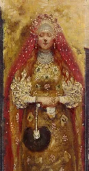 Kobieta bojar (dzik, bojar). Szczegół. Obraz Andrieja Pietrowicza Ryabuszkina (Riabutchkina) (1861-1904), olej na płótnie