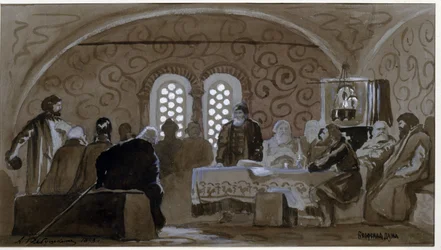 Duma w czasach Bojarzy (Bojarzy, Bojarzy) (Bojar Duma). Rada Doradcza Książąt Rusi Kijowskiej (Rusi) w czasach cara Rosji Michała I (1596-1645). Dzieło Andrieja Pietrowicza Riabuszkina (Riaboutchkine) (1861-1904), akwa
