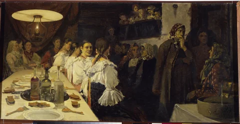 Oczekiwanie na powrót młodej pary z kościoła w obwodzie nowogrodzkim. Obraz Andrieja Pietrowicza Ryabuszkina (Riabutchkina) (1861-1904), olej na płótnie