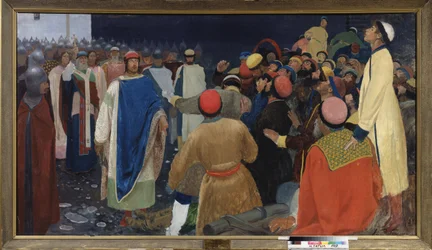 Książę Gleb Światosławic (zm. 1079) zabija wołchwe (słowiański magik wróżbity) w veche w Nowogrodzie. Obraz Andrieja Pietrowicza Ryabuszkina (Riabutchkina) (1861-1904), olej na płótnie