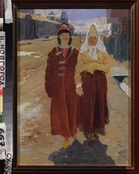 Zwiedzanie wycieczki. (para eleganckich Bojarzy (boirów, bojarów) w tradycyjnych strojach, idących ulicą wioski z drewnianymi domami.) Obraz Andrieja Pietrowicza Riabuszkina (Riaboutchkine) (1861-1904), olej na płótnie