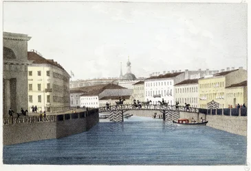 Le pont Bolszoj Koniushennyi a Sankt Petersburg. (Most Bolszoj Koniuszennyj w Sankt Petersburgu). Litografia i akwarele Andrieja Jefimowicza Martynowa (1768-1826)