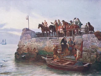 Przegrana sprawa: Lot Jakuba II po bitwie pod Boyne 1690, ilustracja z filmu „Brytyjskie bitwy na lądzie i morzu”