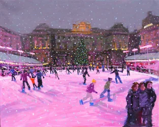 Świąteczna jazda na łyżwach, Somerset House z różowymi światłami, 2014 (olej na płótnie) (zaktualizowany obraz)