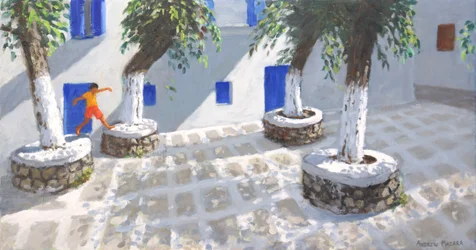 Cztery drzewa, miasto Mykonos, 2022 (olej na płótnie)
