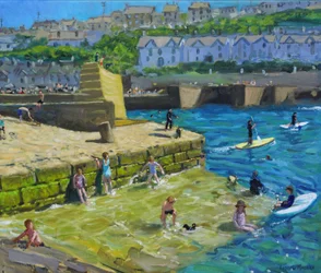 Zabawa w porcie, Porthleven, Kornwalia, 2021 (olej na płótnie)