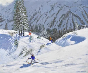 Trzech narciarzy, Kitzbuehel, Austria, 2024 (olej na płótnie)