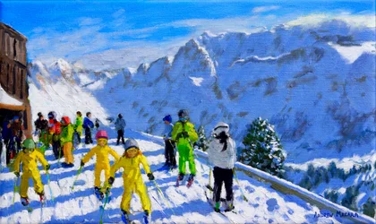 Młodzi narciarze w żółtym Val Gardena Włochy.12x20