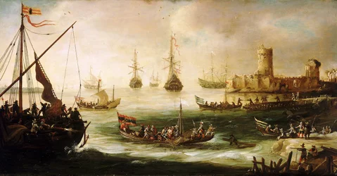 Powrót hiszpańskiej ekspedycji, olej na drewnie, autor: Andries van Eertvelt (1590-1652).