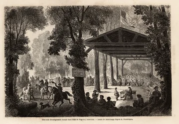 Szkoła wzajemnej edukacji, w lesie Wirginii (Stany Zjednoczone), rysowana przez Janet Lange, ilustrująca wizytę w jaskini Mammoth w stanie Kentucky w 1859 roku przez M. Pousselgue