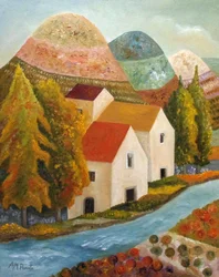 Jesienna wioska nad rzeką