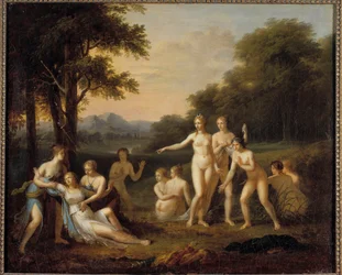 Diana odkrywająca ciążę Kallisto. Obraz Angeliki Kauffmann (1740-1807). XVIII wiek. Wys. 0,46 x 0,56 m. Tours, Muzeum Sztuk Pięknych