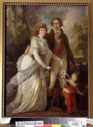 ""Portret rodziny"" Rodzina szwajcarskiej szlachty, dziecko trzymane jest przez matkę wstążkami. Obraz Angeliki Kauffmann (Angelica Kauffmann