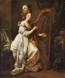 Portret Elizabeth Ewer, w całej postaci, siedzącej w białej sukni z żółtym szalem, grającej na harfie, we wnętrzu, ok. 1768-73