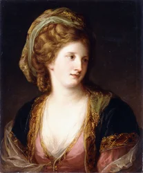 Portret Artysty, długość biustu, w różowej sukience i haftowanej złotem niebieskiej szacie, 1767