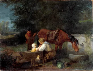 Rolnik z dzieckiem, chłopcem i koniem Obraz Angelo Beccaria (1820-1897)