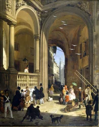 Mediolan, Piazza Mercanti, obraz Angelo Inganniego, ok. 1825 r.