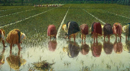 Za osiemdziesiąt groszy, Angelo Morbelli (1853-1919), Olej na płótnie, 67,5x124,5 cm