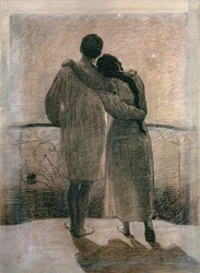 Młoda para, centralny panel z Tryptyku Sen i rzeczywistość, 1905 (ołówek i węgiel na papierze)