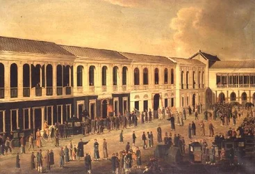 Widok Hongów na nabrzeże w Canton, ok. 1825 r.