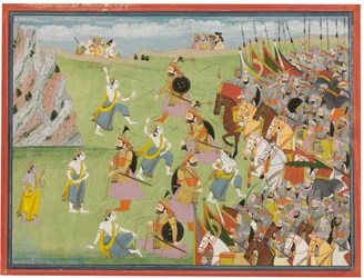 Obraz z Mahabharaty: Balabhadra walczący z Jarasandhą, Kangrą lub Garhwalem, ok. 1810-20