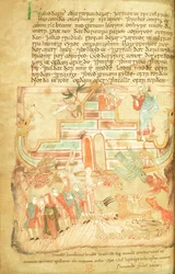 Cott Claud B IV f.15v Noe i rodzina opuszczająca Arkę, z Pięcioksiąg Aelfryka, z St. Augustine