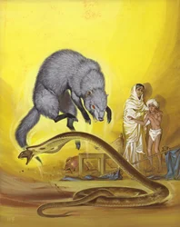 Mangusta zabijająca węża w indyjskim domu (gwasz na papierze)