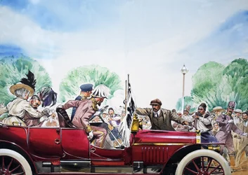 Wybuch pierwszej wojny światowej, ilustracja z książki "Wielkie wydarzenia w historii świata" (gwasz na papierze)