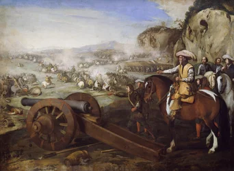 Kapitan na koniu rozkazujący strzelać z armaty podczas bitwy, obraz Aniello Falcone (1607-1656), olej na płótnie, 94x131 cm