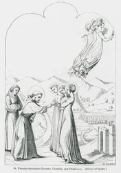 Franciszek spotyka ubóstwo, czystość i posłuszeństwo (litografia)
