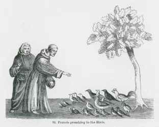 Święty Franciszek nauczający ptaki (litografia)